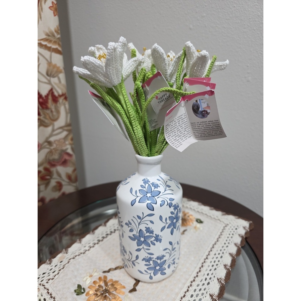 Set of 5 Handmade Crochet White Flower Stems – Artificial‎ Floral Decor